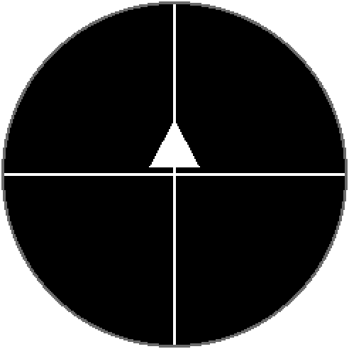 A black round panel showing a white crosshair, with a solid white triangle pointing up sitting on the vertical line just above the crossing